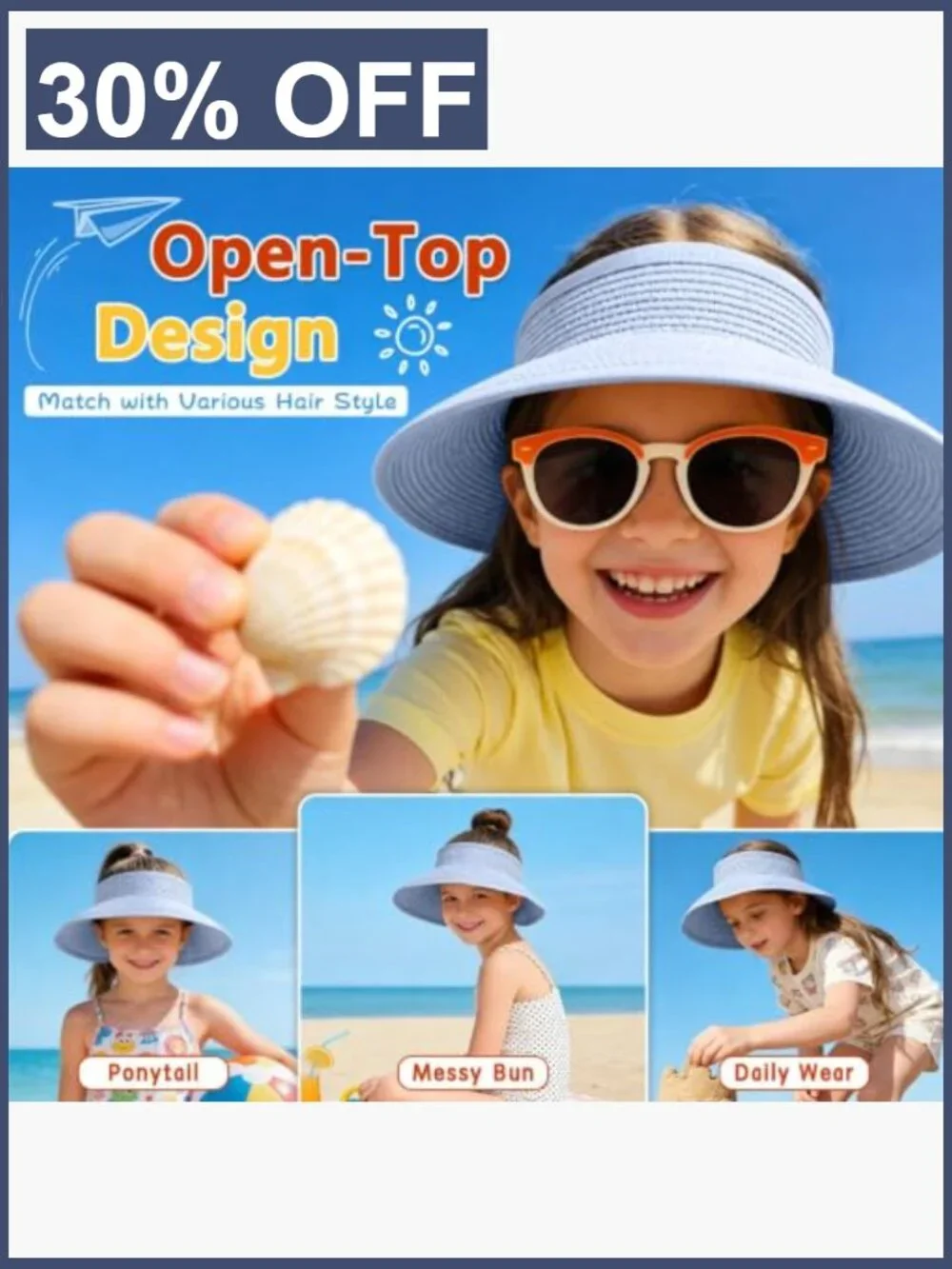 Girls Straw Sun Visor Hat Wide Brim Ponytail Beach Bow Foldable Packable Summer